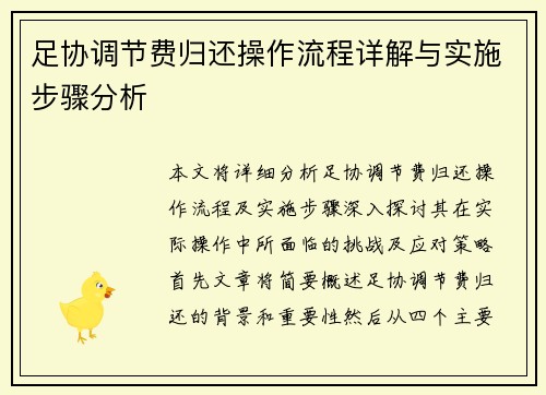 足协调节费归还操作流程详解与实施步骤分析 足协调节费归还操作流程详解与实施步骤分析